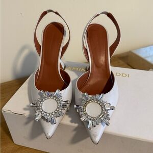 Amina Muaddi White Crystal Slingback Heels